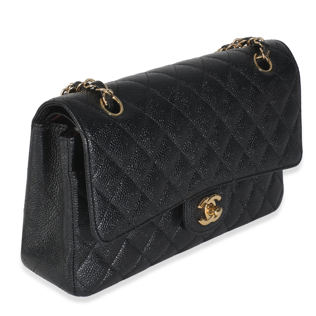 Black Quilted Caviar Medium Classic Double Flap Handbag