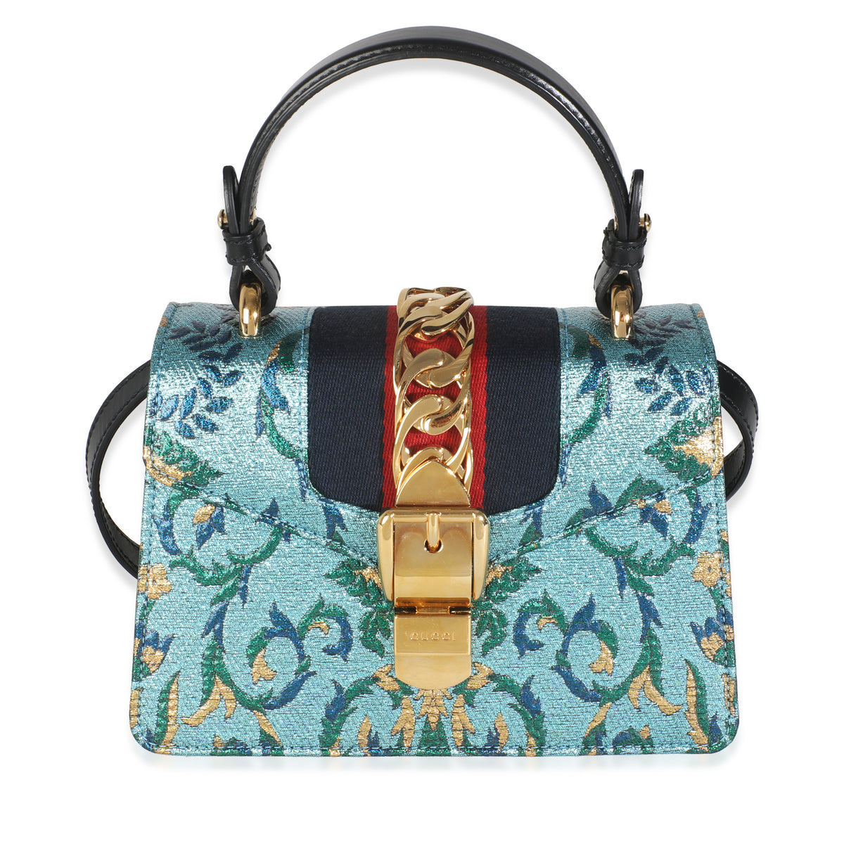 Blue Iridescent Embroidered Brocade Mini Sylvie Top Handle Bag