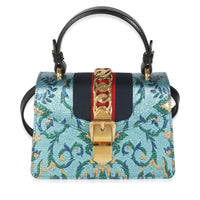 Blue Iridescent Embroidered Brocade Mini Sylvie Top Handle Bag