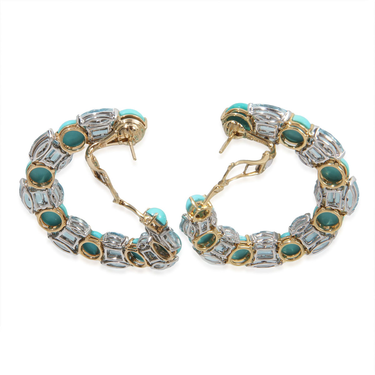 White Gold & Yellow Gold Turquoise and Blue Topaz Hoop Earrings