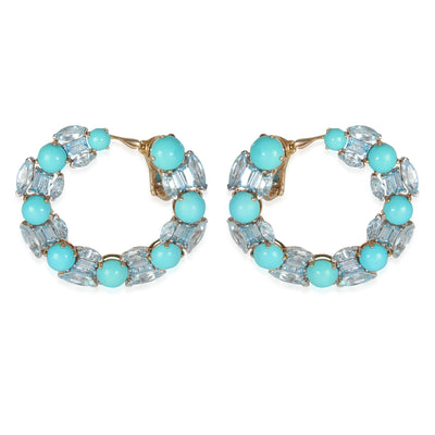White Gold & Yellow Gold Turquoise and Blue Topaz Hoop Earrings