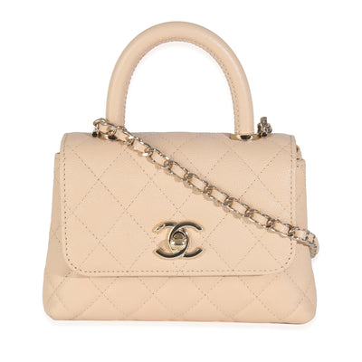 Beige Quilted Caviar Extra Mini Coco Top Handle Handbag