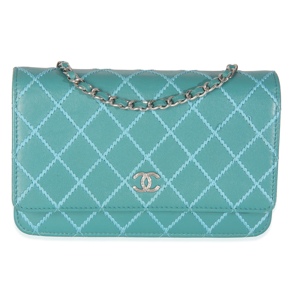 Teal Stitched Calfskin Wallet On Chain