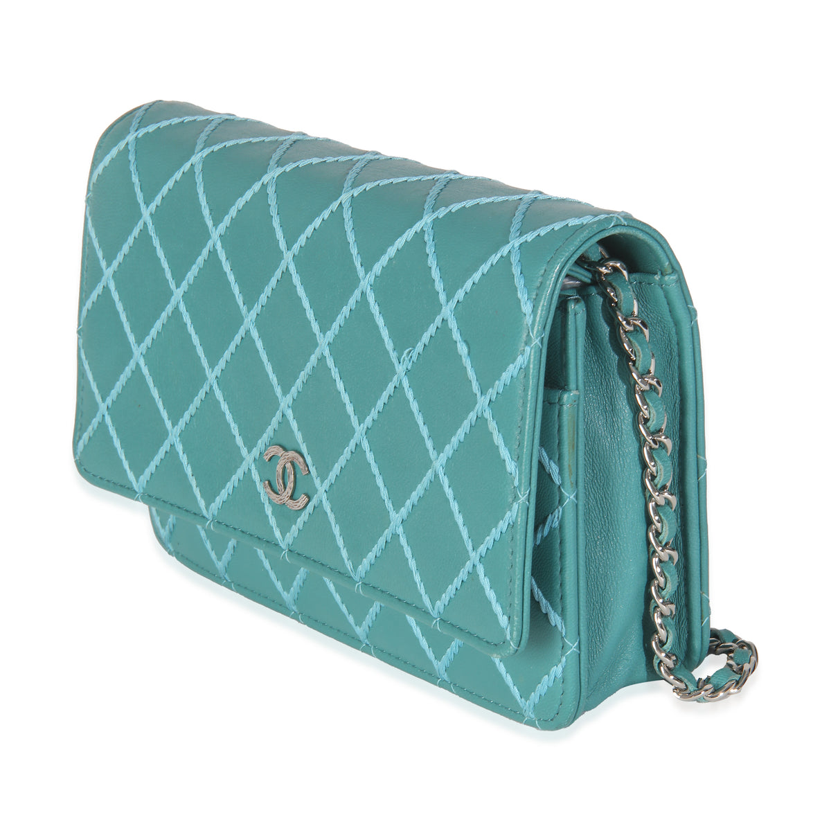 Teal Stitched Calfskin Wallet On Chain