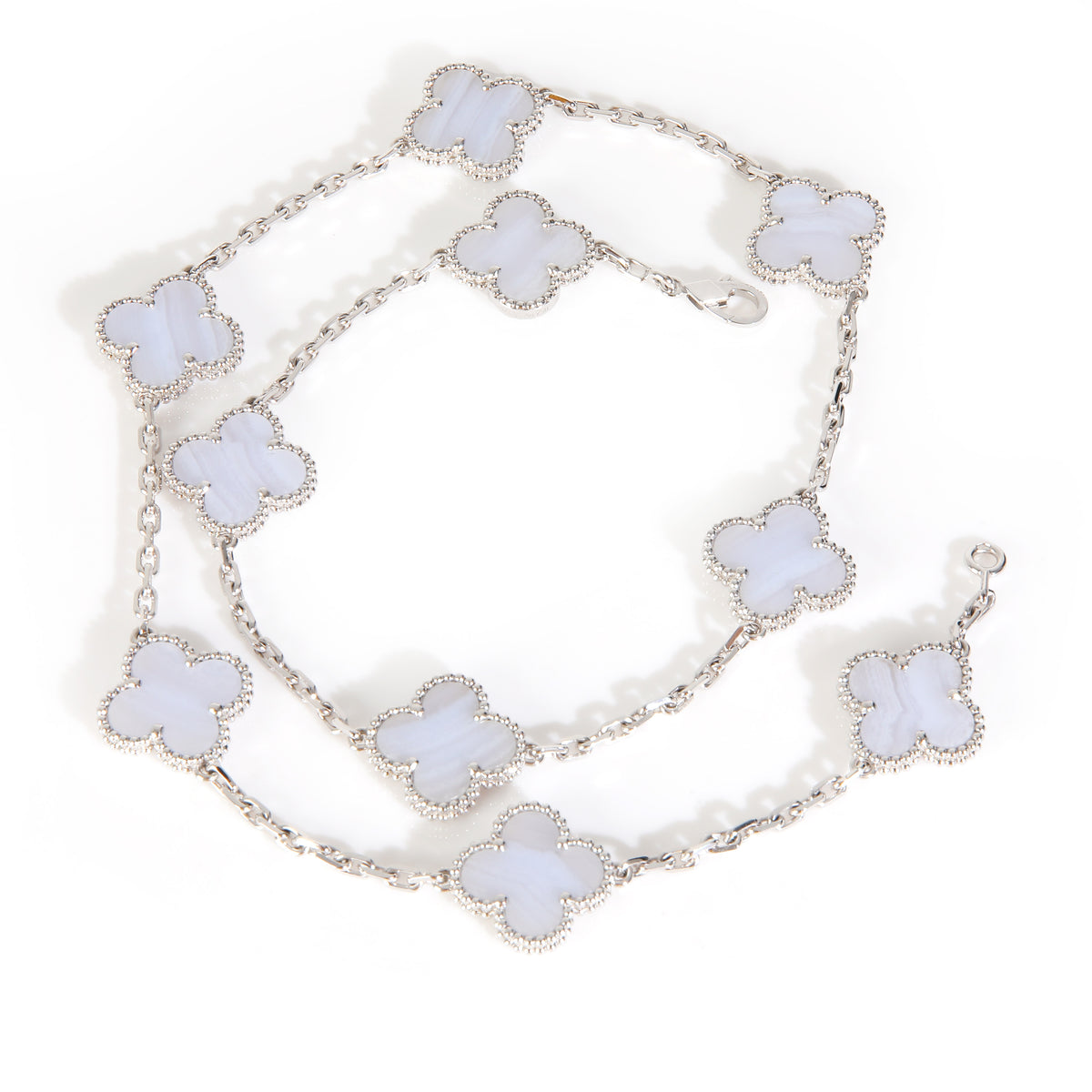White Gold Chalcedony Vintage Alhambra 10 Station Necklace