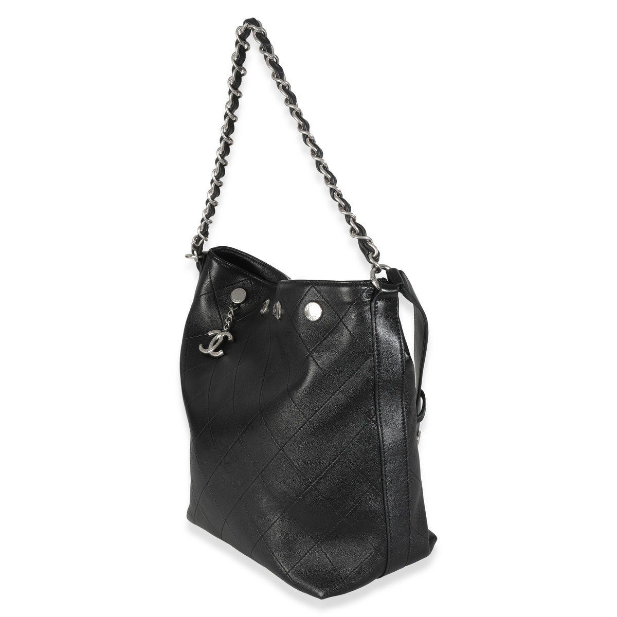 Black Quilted Calfskin CC Large Button Bucket Bag