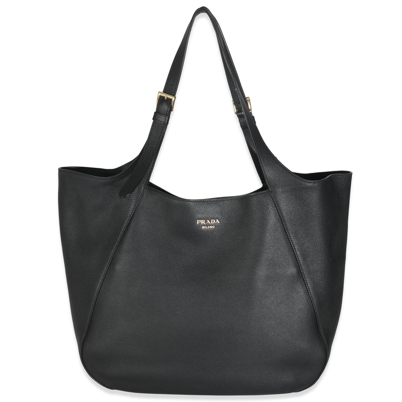 Black Calfskin Buckle Large Leather Tote