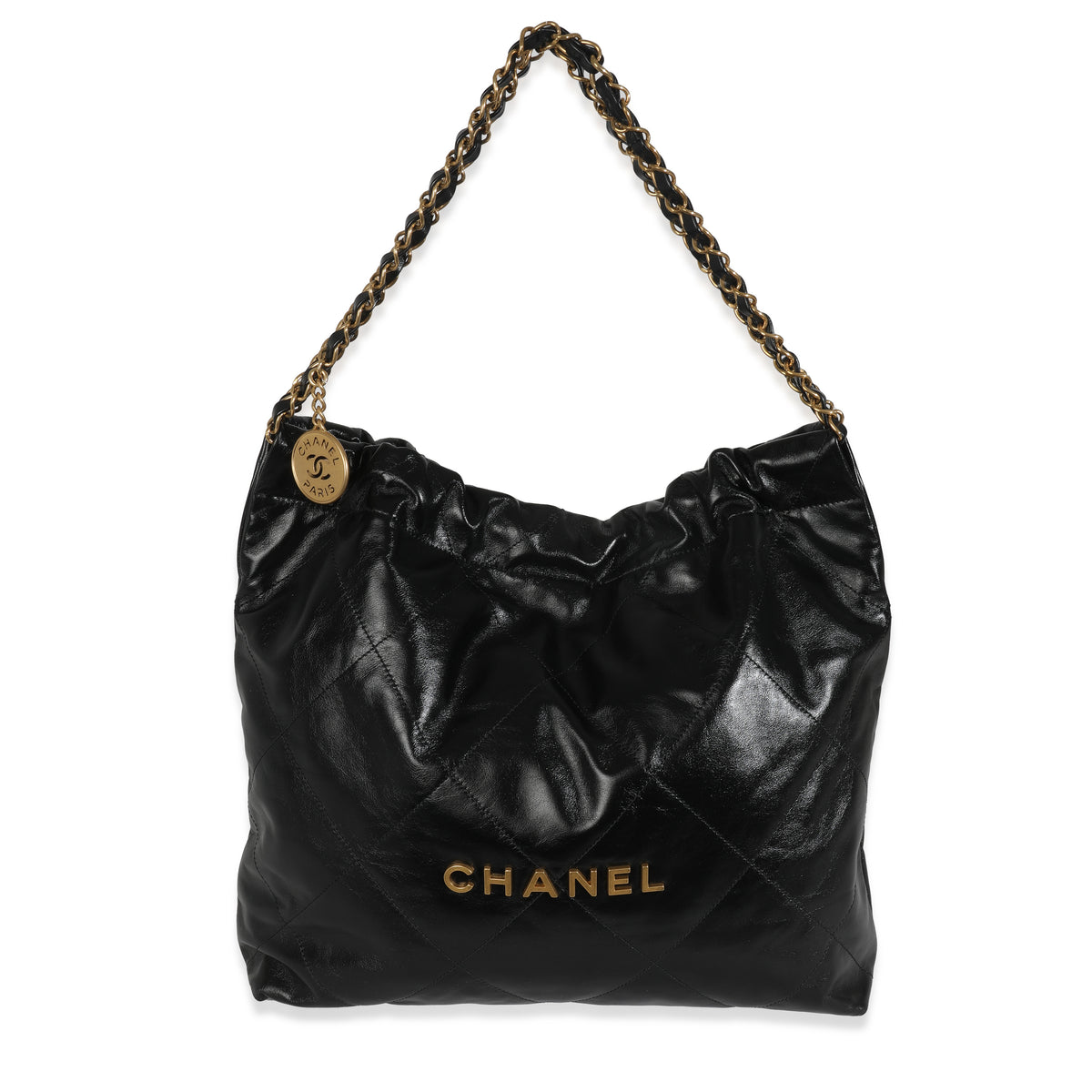Black Shiny Quilted Calfskin Medium Chanel 22 Hobo