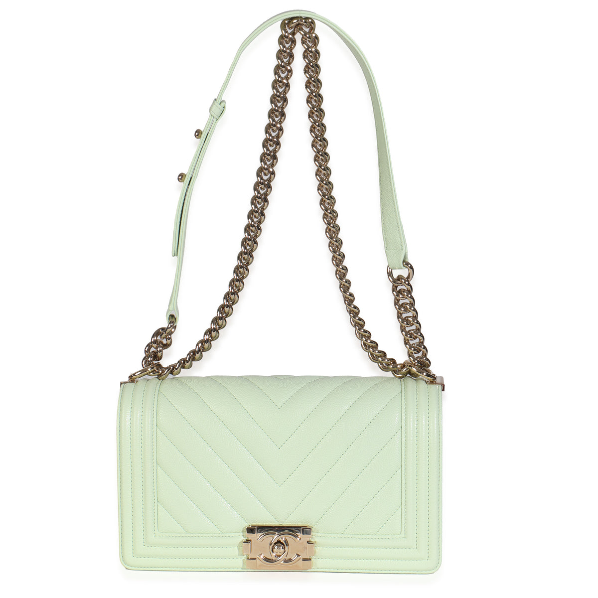 Light Green Caviar Chevron Old Medium Boy Handbag