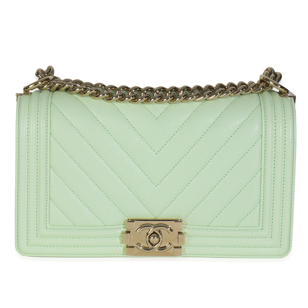 Light Green Caviar Chevron Old Medium Boy Handbag