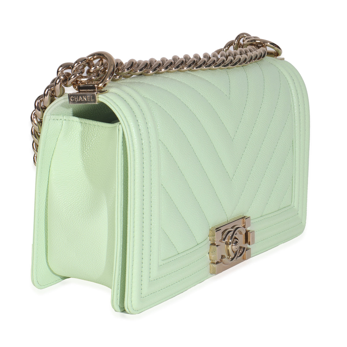 Light Green Caviar Chevron Old Medium Boy Handbag