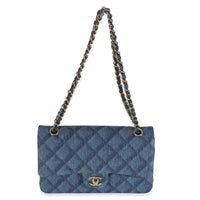 Dark Blue Printed Denim Medium Classic Double Flap Bag
