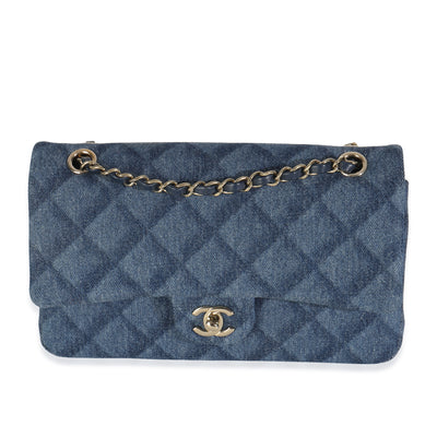 Dark Blue Printed Denim Medium Classic Double Flap Bag