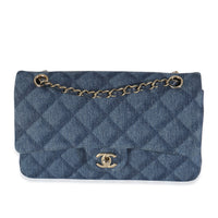 Dark Blue Printed Denim Medium Classic Double Flap Bag