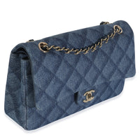 Dark Blue Printed Denim Medium Classic Double Flap Bag