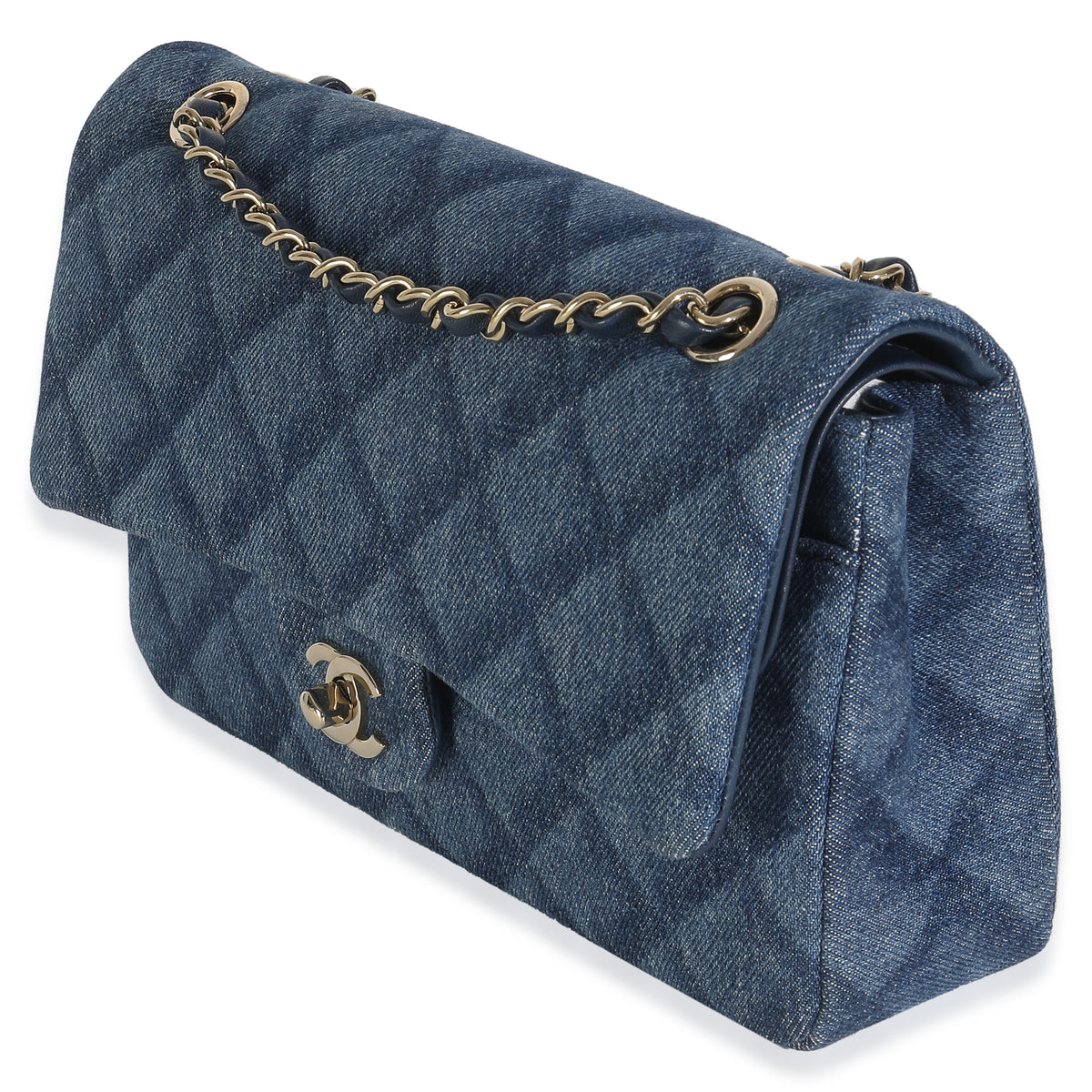 Dark Blue Printed Denim Medium Classic Double Flap Bag