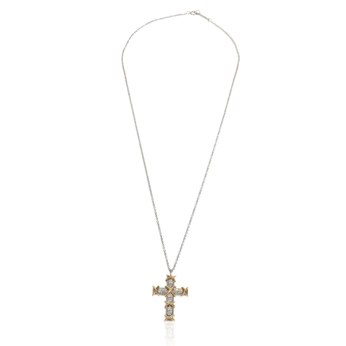 Yellow Gold & Platinum Diamond Schlumberger 16 Stone Cross Pendant
