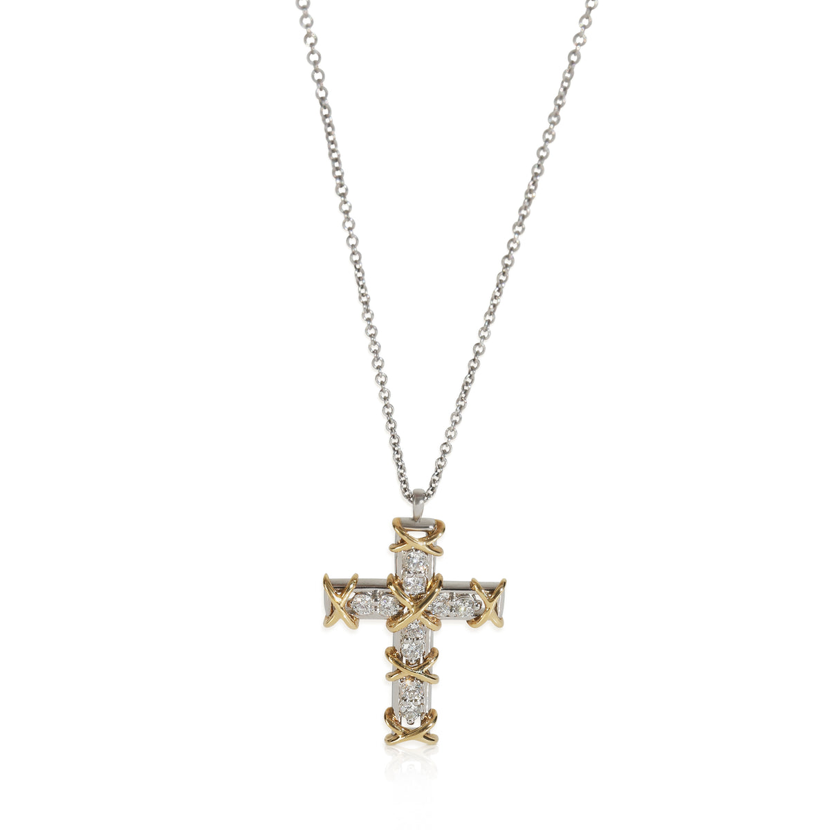 Yellow Gold & Platinum Diamond Schlumberger 16 Stone Cross Pendant