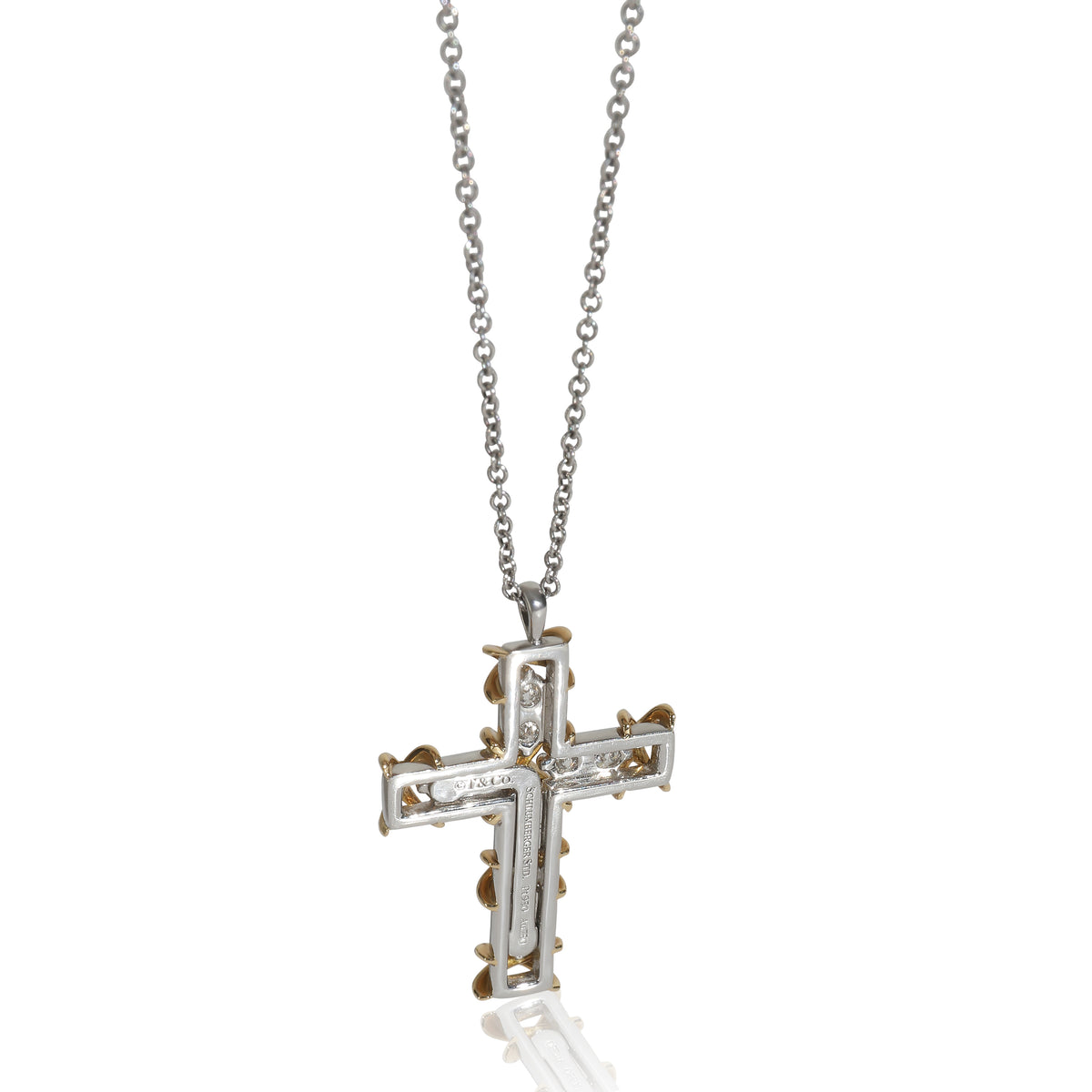 Yellow Gold & Platinum Diamond Schlumberger 16 Stone Cross Pendant