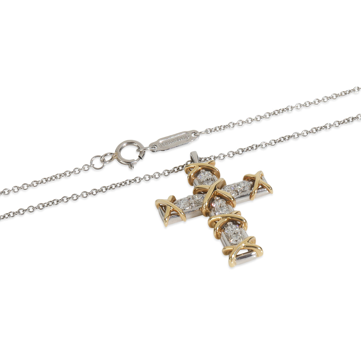 Yellow Gold & Platinum Diamond Schlumberger 16 Stone Cross Pendant