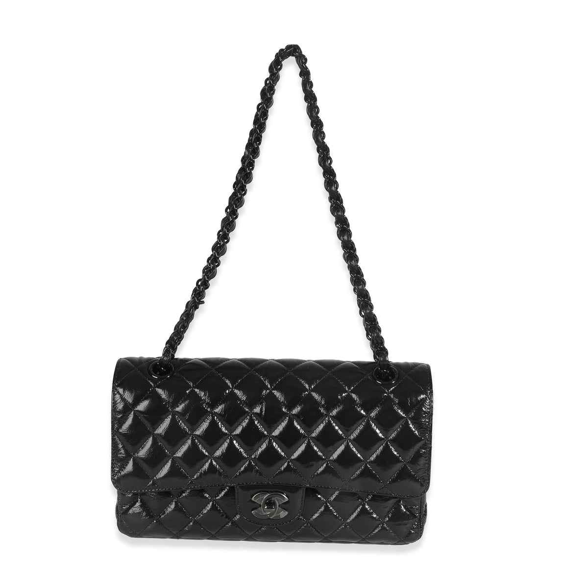So Black Shiny Crumpled Quilted Calfskin Medium Classic Double Flap Bag