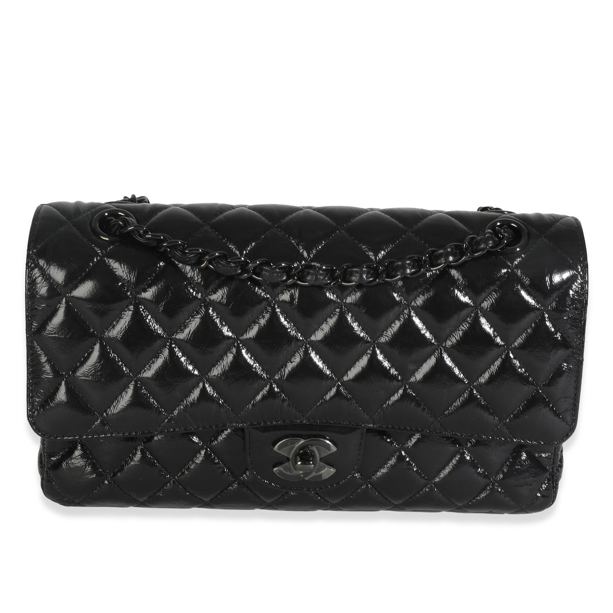 So Black Shiny Crumpled Quilted Calfskin Medium Classic Double Flap Bag
