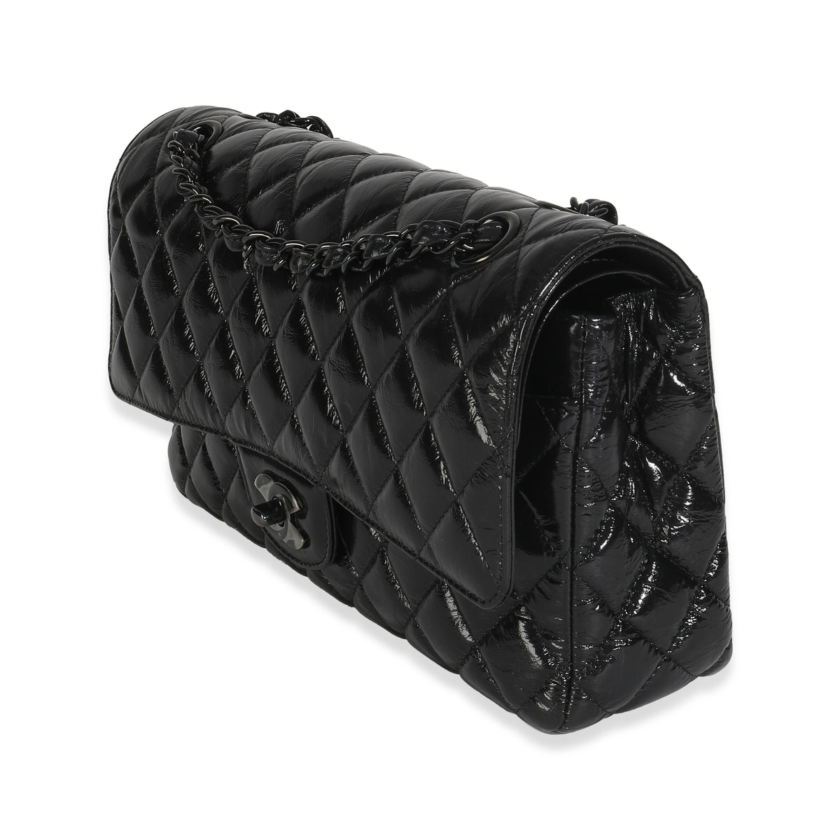 So Black Shiny Crumpled Quilted Calfskin Medium Classic Double Flap Bag