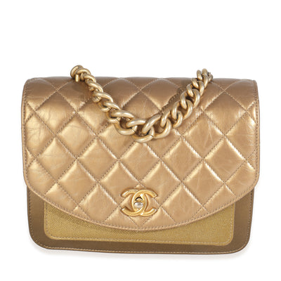 Bronze Metallic Lambskin Caviar Quilted Chain Handle Flap Handbag