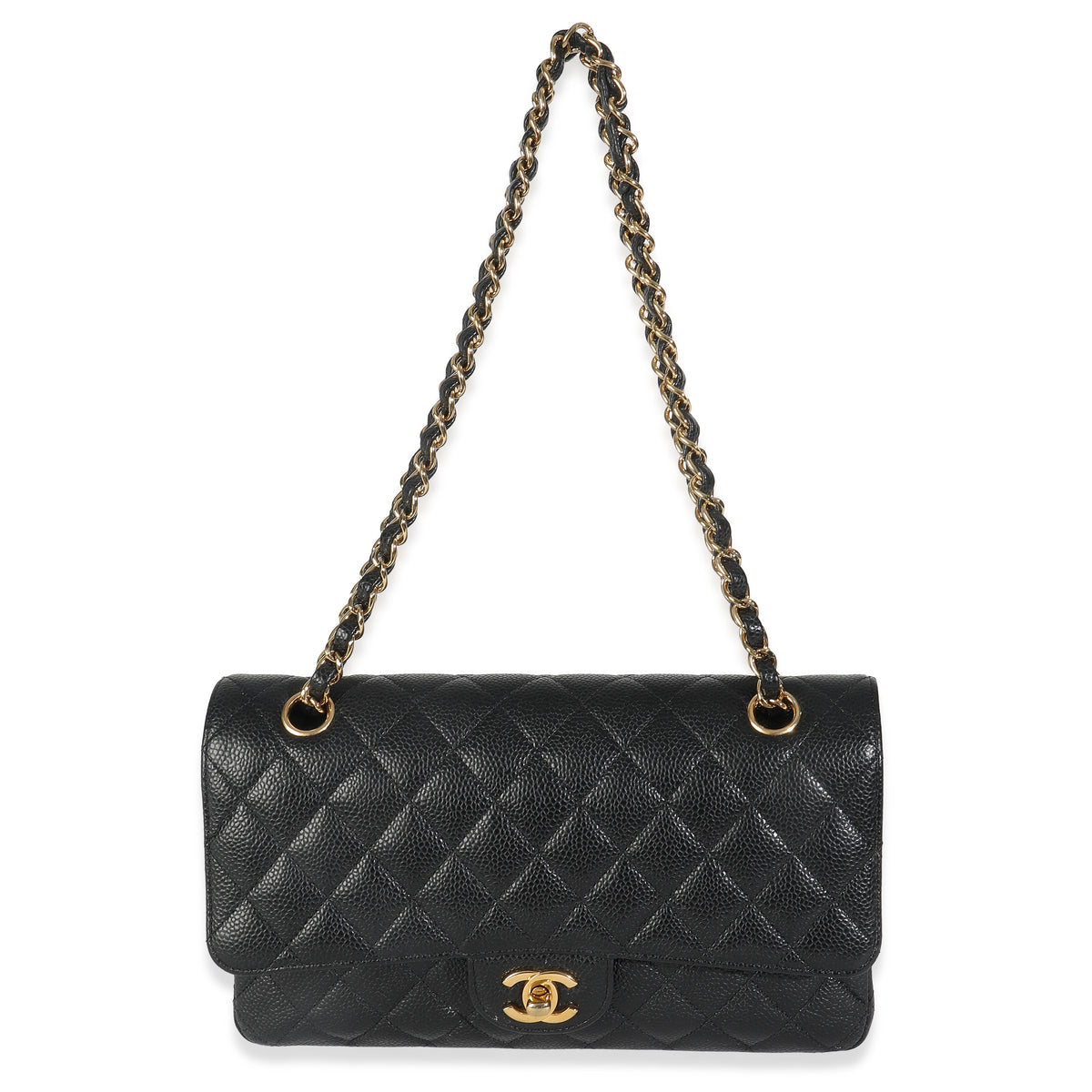 Black Quilted Caviar Medium Classic Double Flap HandBag