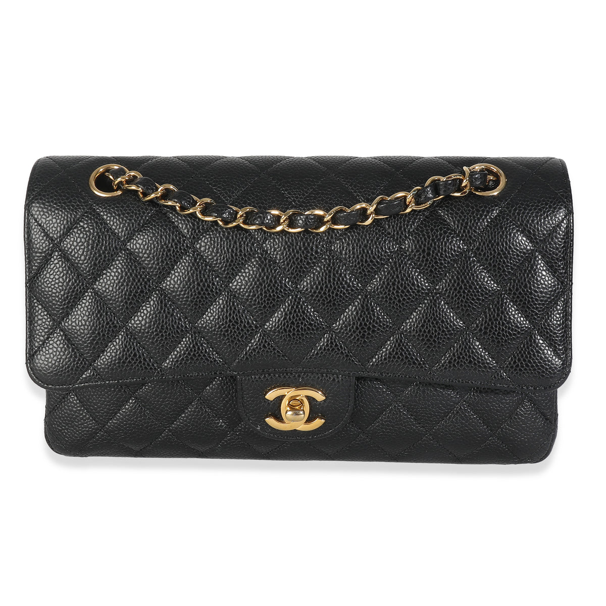 Black Quilted Caviar Medium Classic Double Flap HandBag