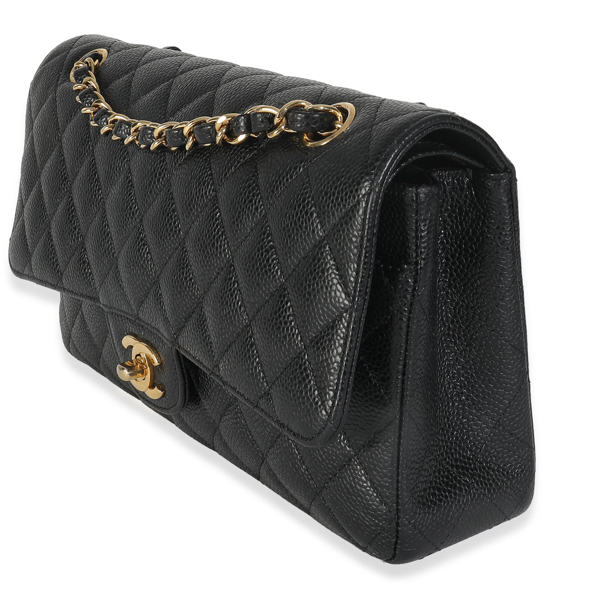 Black Quilted Caviar Medium Classic Double Flap HandBag