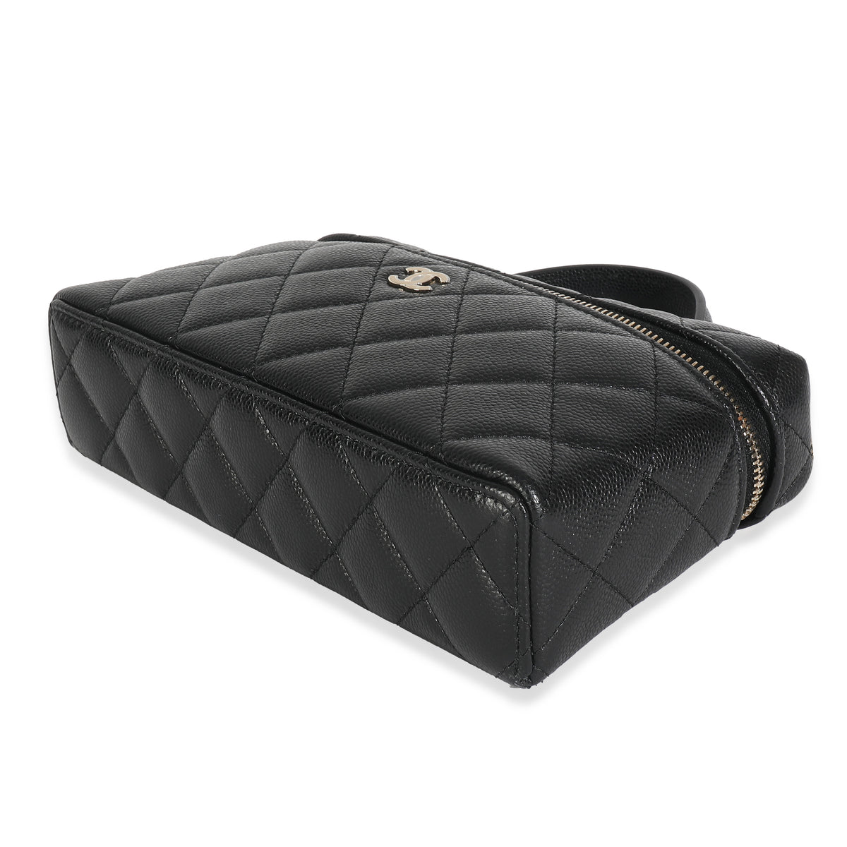 Black Quilted Caviar Top Handle Slim Vanity Handbag with Chain