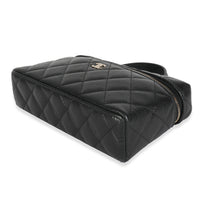 Black Quilted Caviar Top Handle Slim Vanity Handbag with Chain