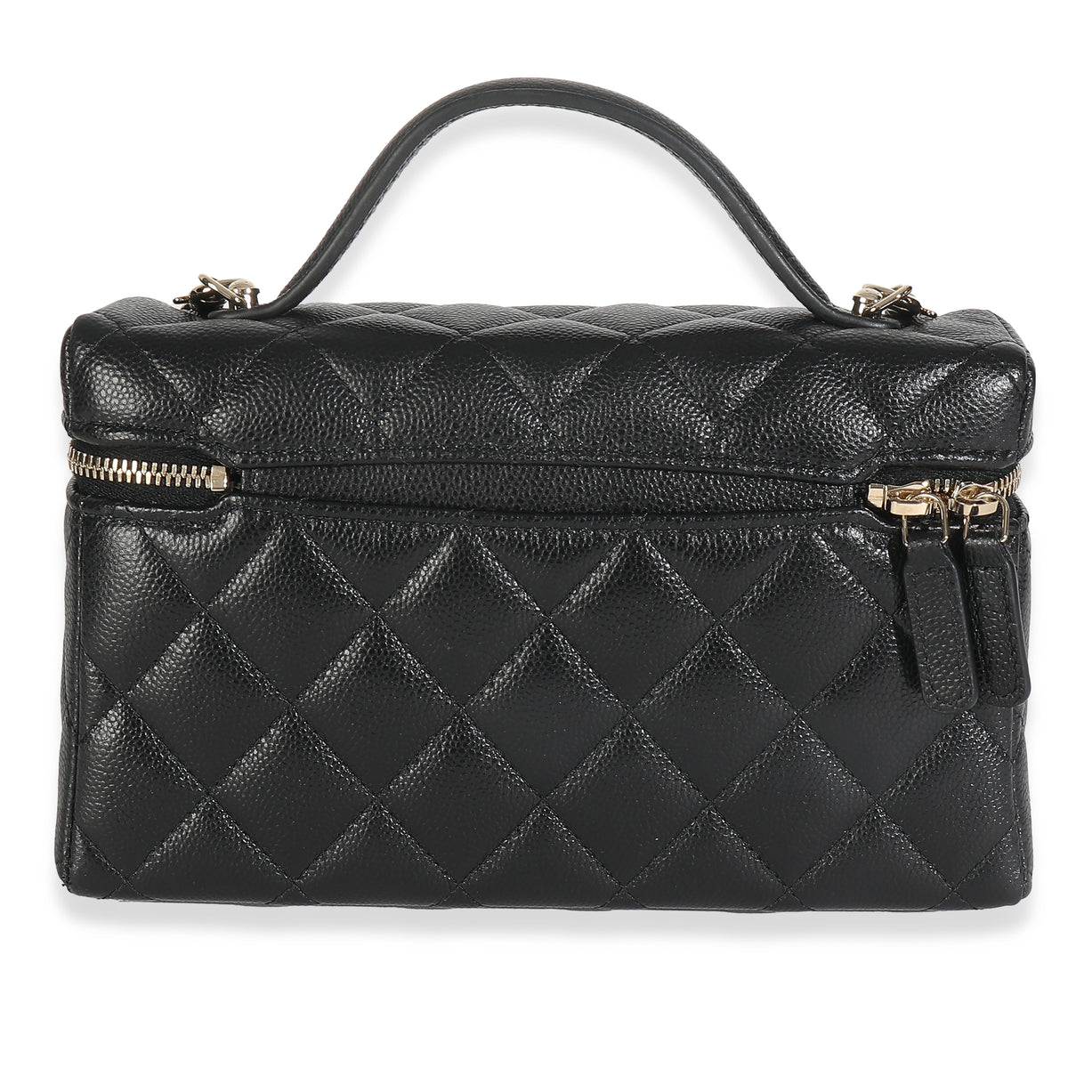 Black Quilted Caviar Top Handle Slim Vanity Handbag with Chain