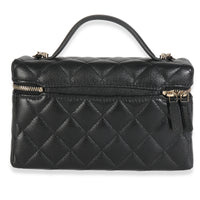 Black Quilted Caviar Top Handle Slim Vanity Handbag with Chain