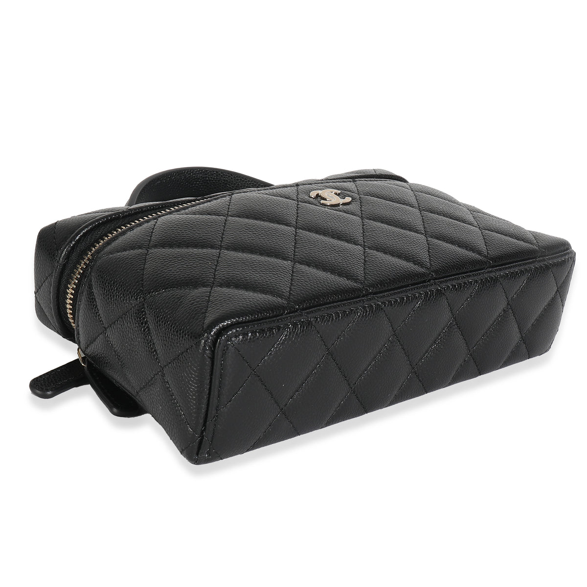 Black Quilted Caviar Top Handle Slim Vanity Handbag with Chain