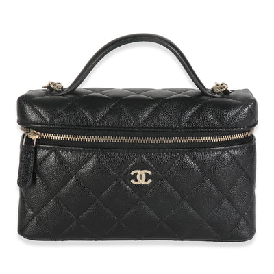 Black Quilted Caviar Top Handle Slim Vanity Handbag with Chain