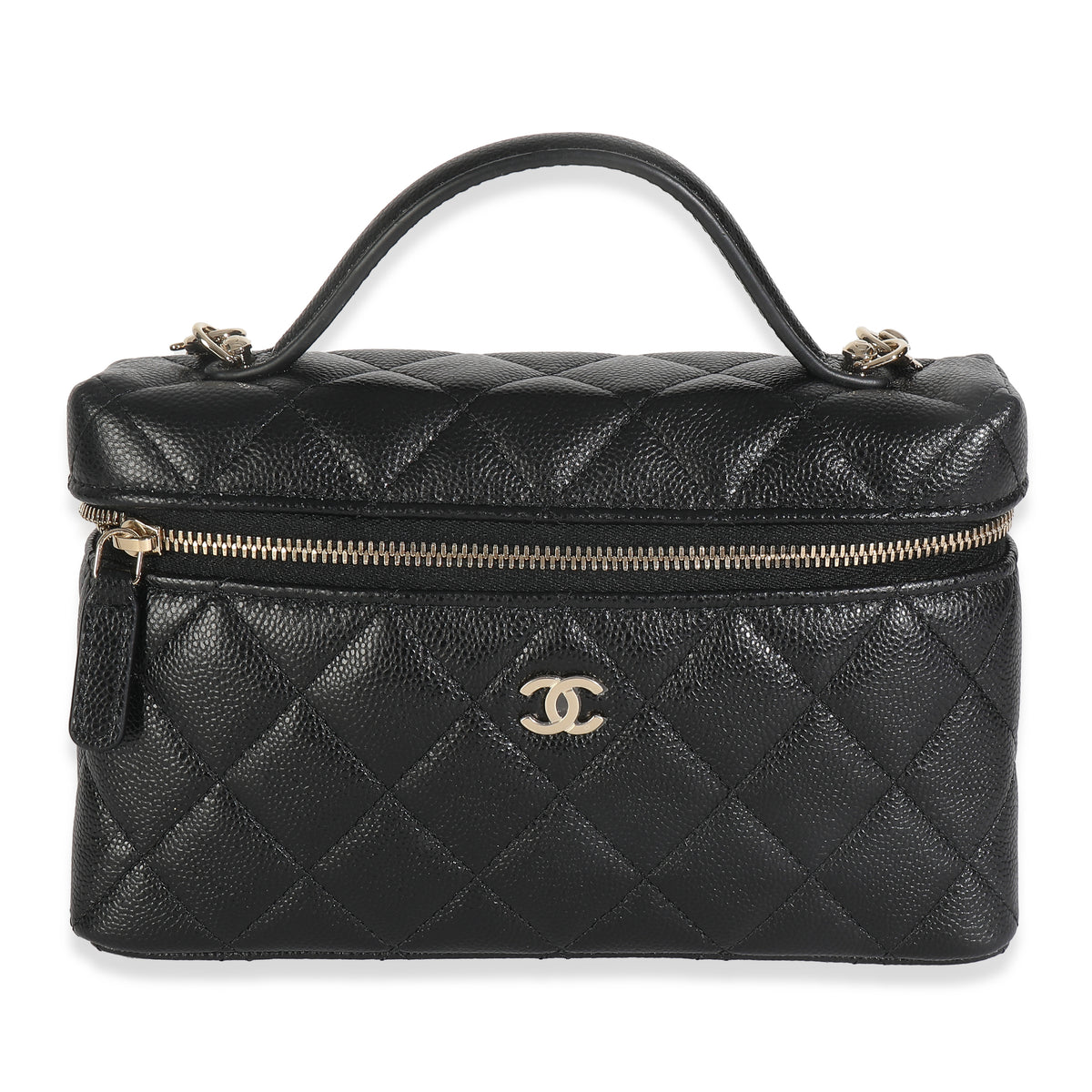 Black Quilted Caviar Top Handle Slim Vanity Handbag with Chain