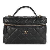 Black Quilted Caviar Top Handle Slim Vanity Handbag with Chain