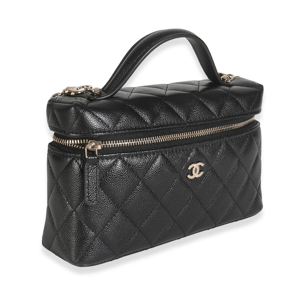 Black Quilted Caviar Top Handle Slim Vanity Handbag with Chain