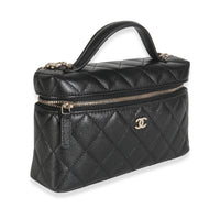 Black Quilted Caviar Top Handle Slim Vanity Handbag with Chain