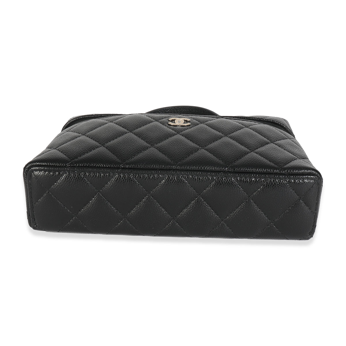 Black Quilted Caviar Top Handle Slim Vanity Handbag with Chain