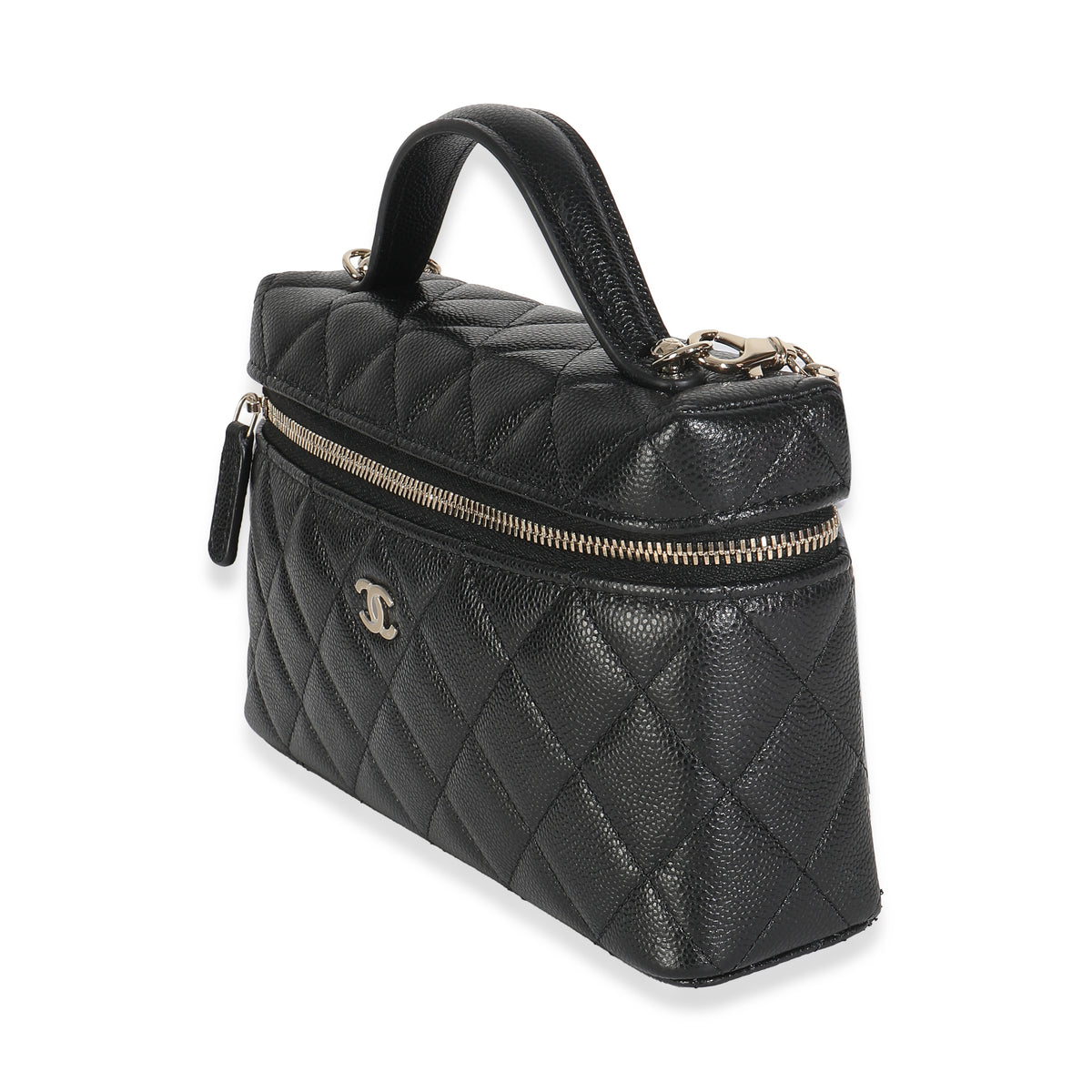 Black Quilted Caviar Top Handle Slim Vanity Handbag with Chain