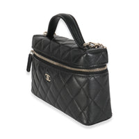 Black Quilted Caviar Top Handle Slim Vanity Handbag with Chain