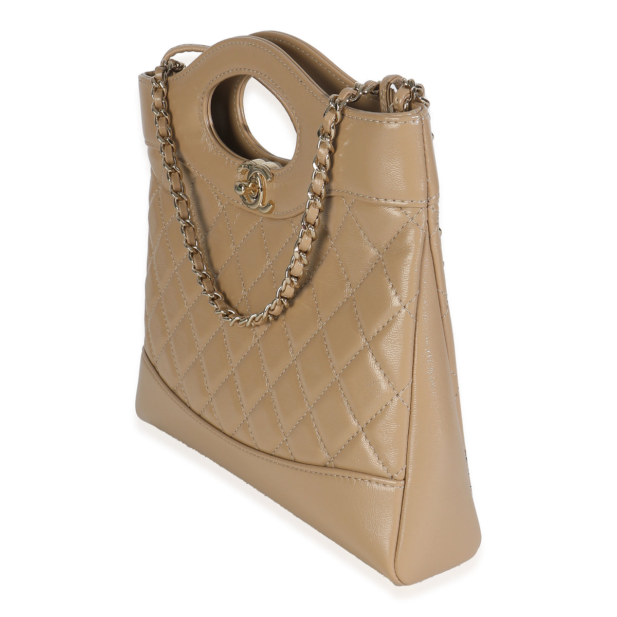 Dark Beige Shiny Crumpled Quilted Calfskin Mini 31 Shopping Bag