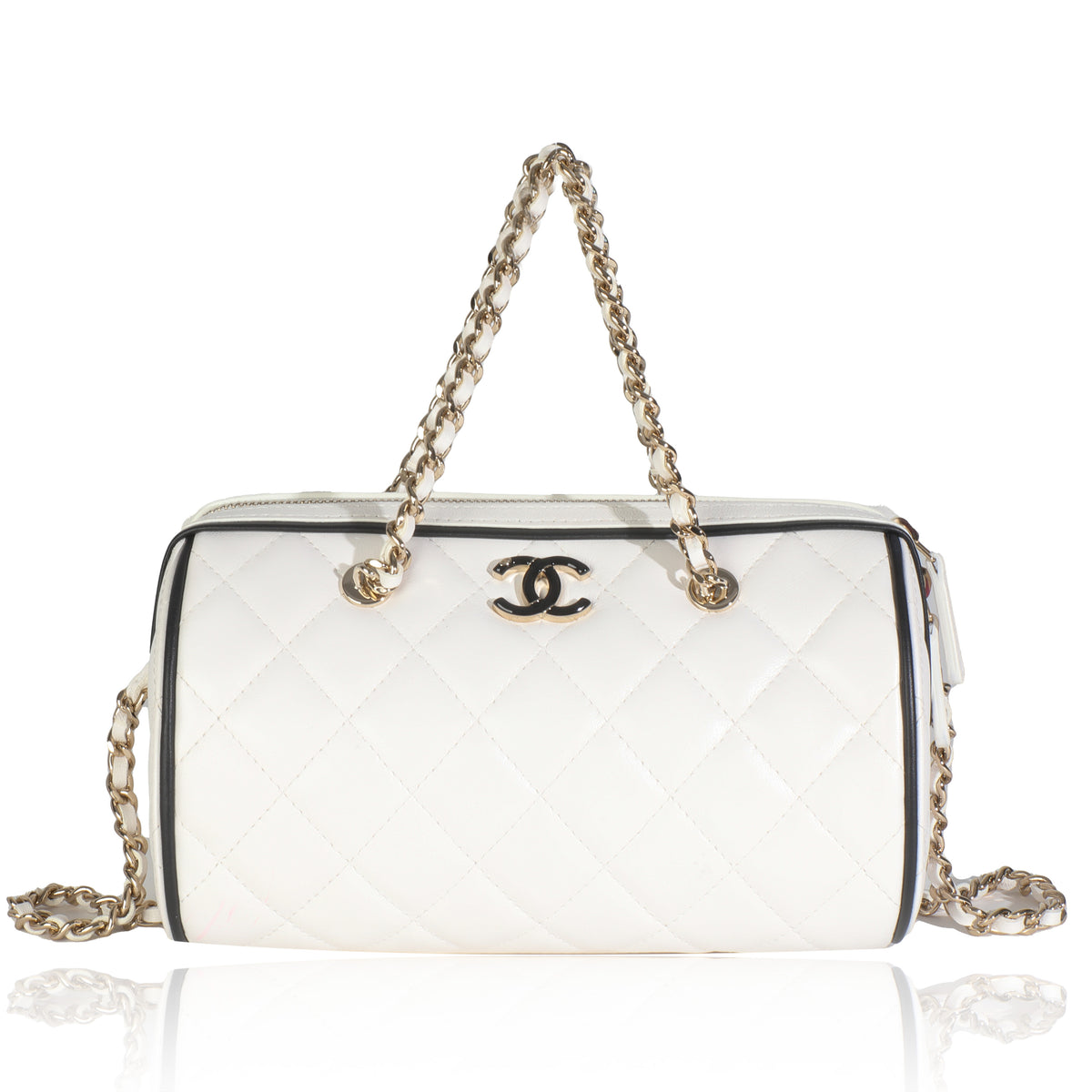 25P White Quilted Lambskin Mini CC Bowler Bag