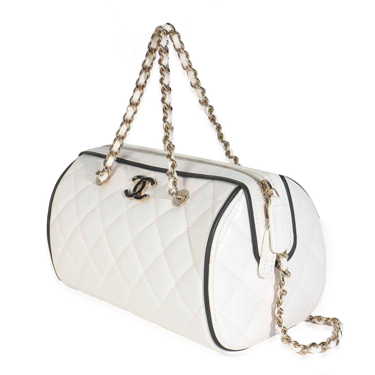 25P White Quilted Lambskin Mini CC Bowler Bag