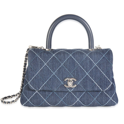 Dark Blue Quilted Denim Mini Coco Top Handle Bag