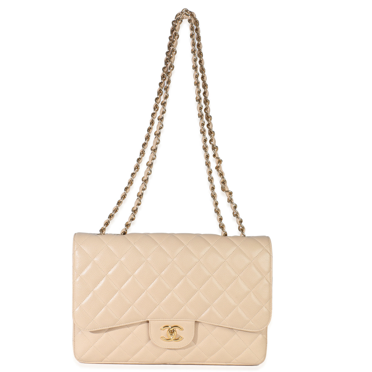 Beige Quilted Caviar Jumbo Single Flap Bag