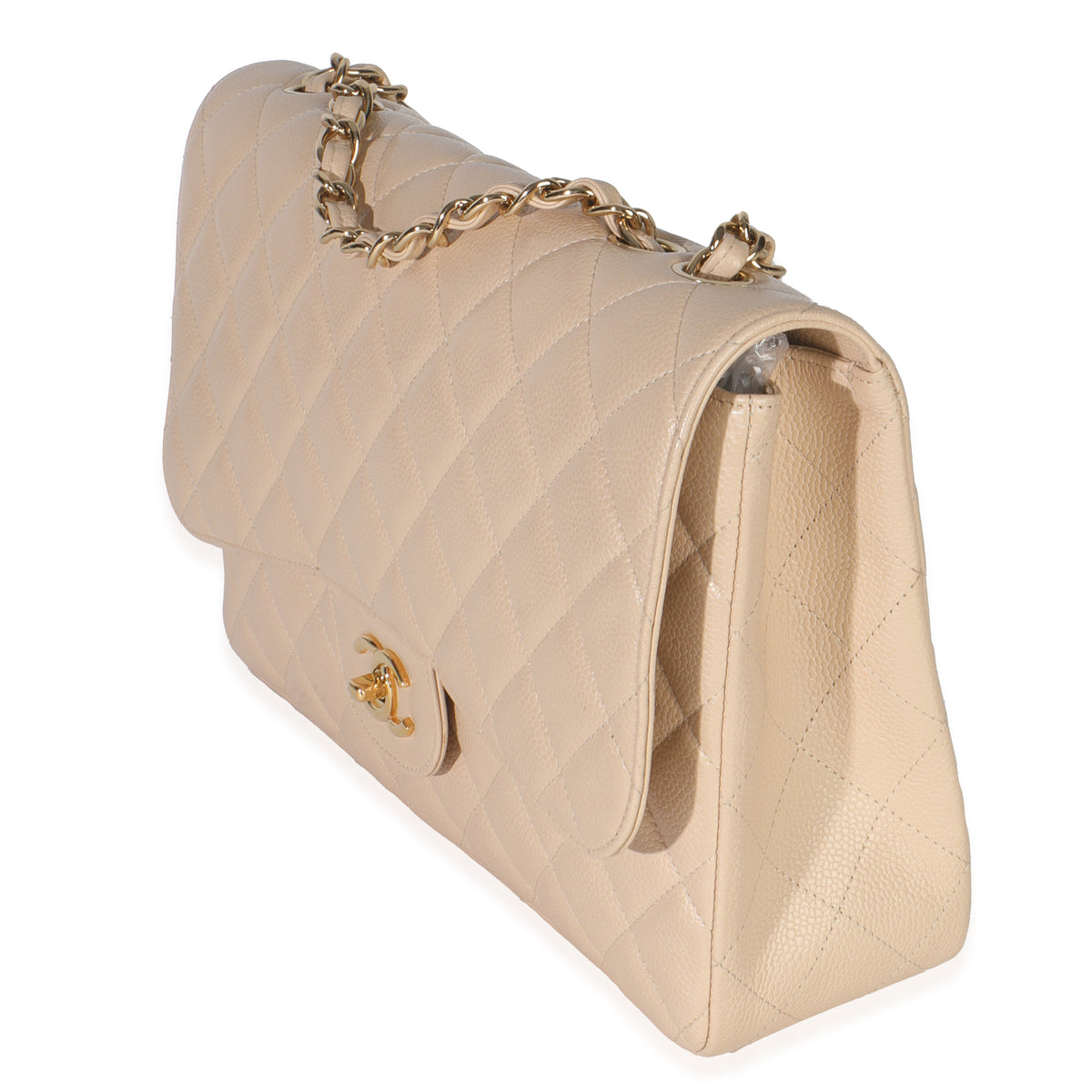 Beige Quilted Caviar Jumbo Single Flap Bag